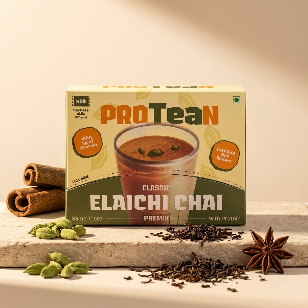 ProTEAn Chai and Iced Tea - Combo of Masala and Elaichi Chai, Peach and Passion Fruit Iced Tea with protein