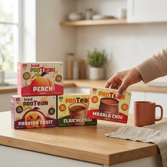 ProTEAn Chai and Iced Tea - Combo of Masala and Elaichi Chai, Peach and Passion Fruit Iced Tea with protein
