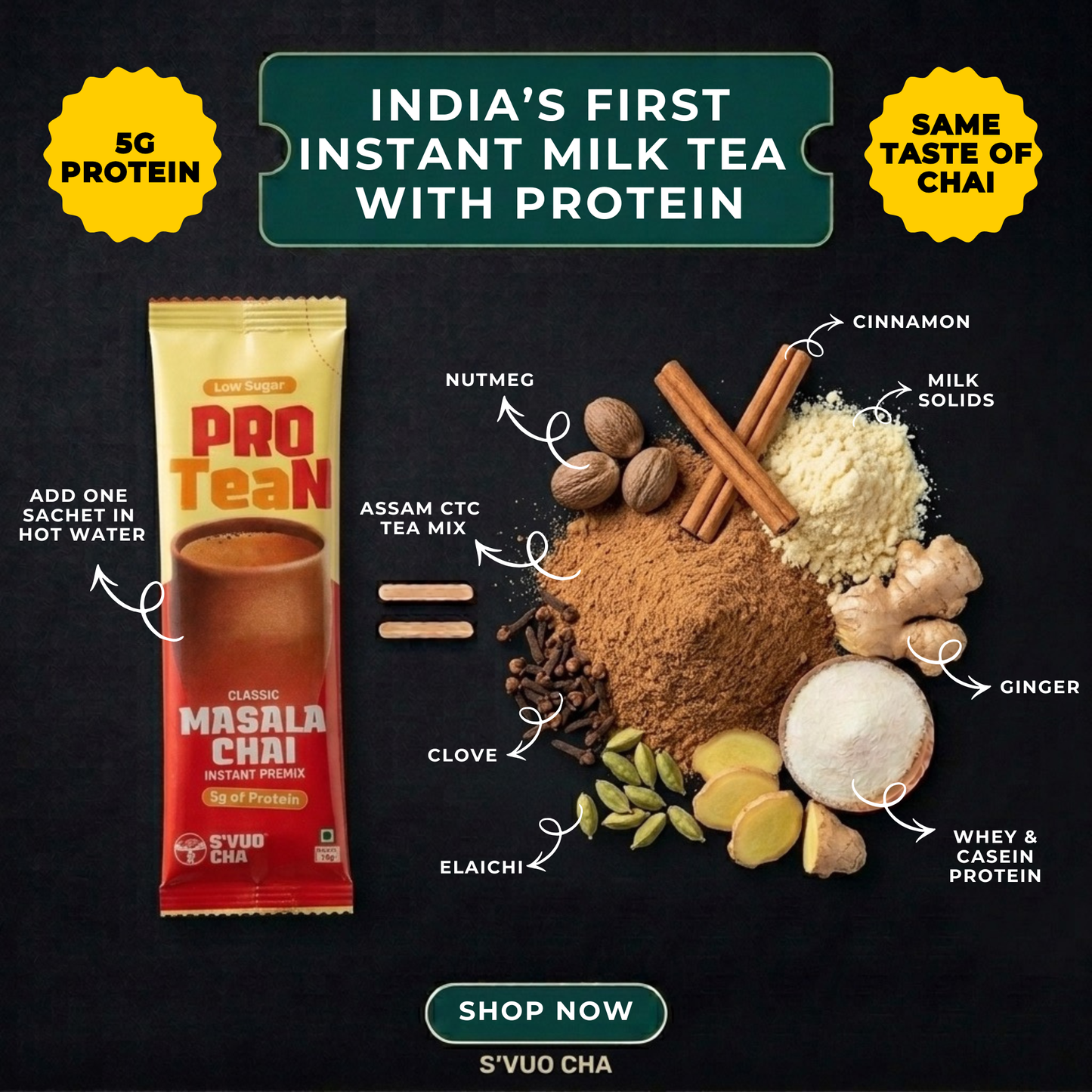 ProTEAn Chai and Iced Tea - Combo of Masala and Elaichi Chai, Peach and Passion Fruit Iced Tea with protein