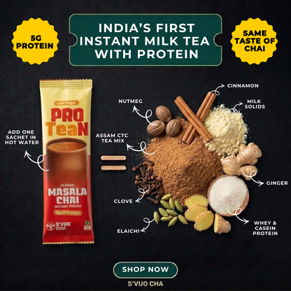 ProTEAn Chai and Iced Tea - Combo of Masala and Elaichi Chai, Peach and Passion Fruit Iced Tea with protein