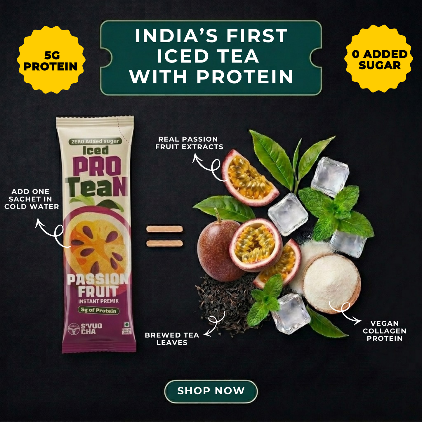 ProTEAn Chai and Iced Tea - Combo of Masala and Elaichi Chai, Peach and Passion Fruit Iced Tea with protein